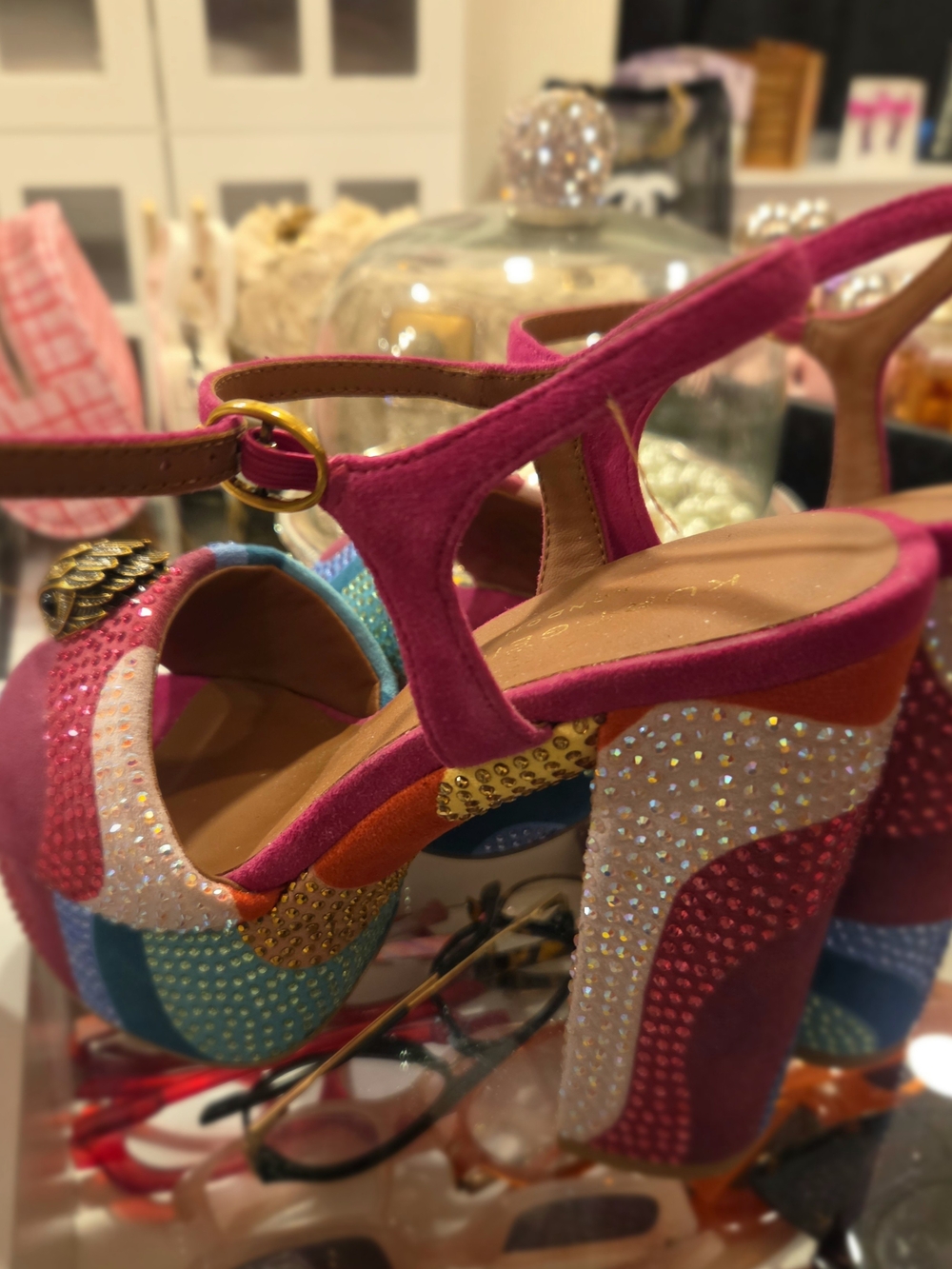 Kurt Geiger Pink & Turquoise Embellished Block Heels - Picture 5 of 6